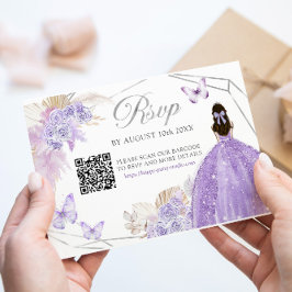 Tarjeta De Confirmación De Asistencia Boho Morple Silver Floral Mariposa Quinceañera QR