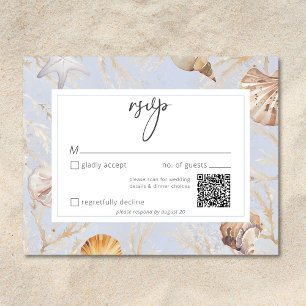 Tarjeta De Confirmación De Asistencia Boho Ocean Dusty Blue on the Beach Wedding QR