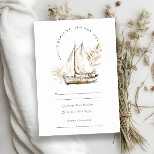 Tarjeta De Confirmación De Asistencia Boho Palm Sailboat Seascape Watercolor Boda