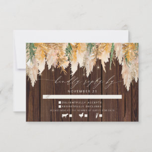 Tarjeta De Confirmación De Asistencia Boho Pampas Madera de hierba Twinkle Encendido Bod