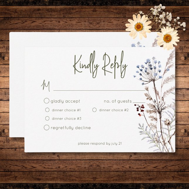 Tarjeta De Confirmación De Asistencia Boho Pastel Wildflowers Flor Moderna Tres Cenas (Boho Pastel Wildflowers Modern Floral Three Dinner RSVP Card)