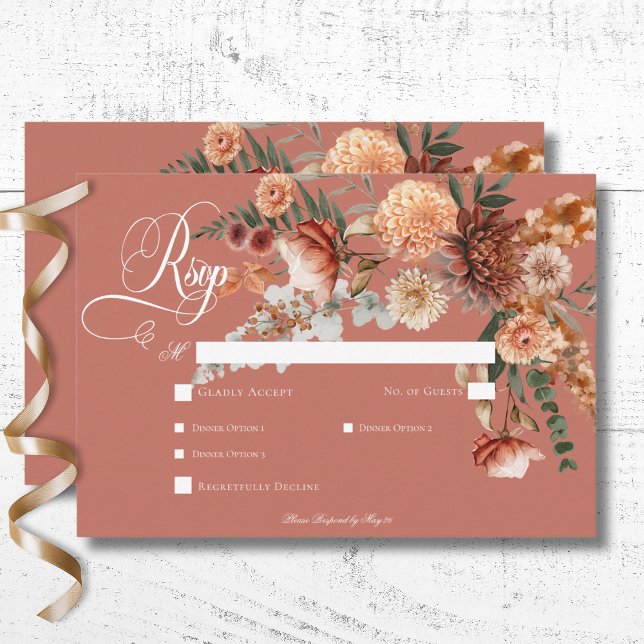 Tarjeta De Confirmación De Asistencia Boho Peach & Rust Floral Rust Dinner (Boho Peach & Rust Floral Rust Wedding Response Card with Dinner Options)