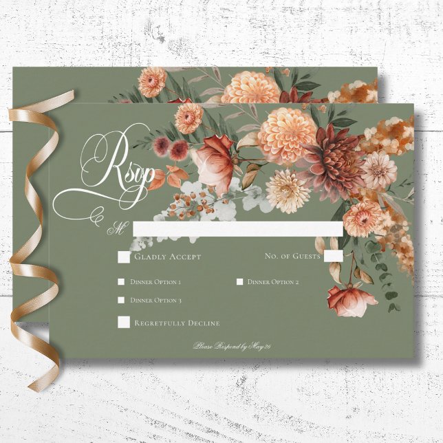 Tarjeta De Confirmación De Asistencia Boho Peach & Rust Floral Sage Green Cena (Boho Peach & Rust Floral Sage Green Dinner RSVP Card)