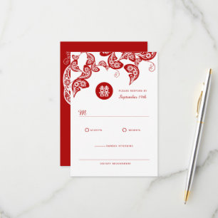 Tarjeta De Confirmación De Asistencia Boho Peacock Floral Rojo Elegante Boda Chino