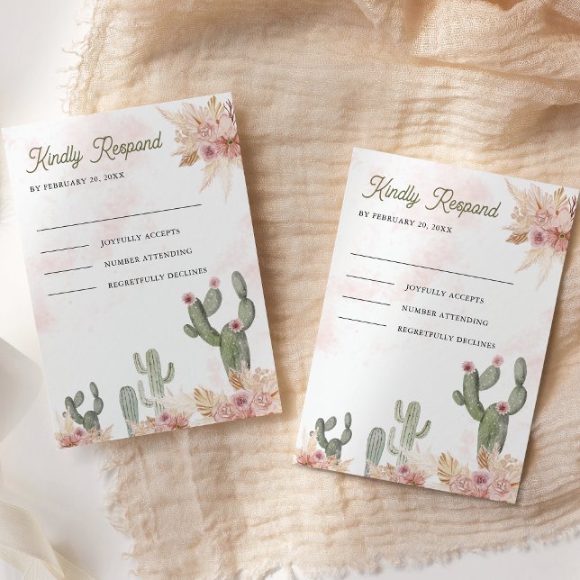 Tarjeta De Confirmación De Asistencia Boho rosa Floral Pampas Cactus Boda (Subido por el creador)