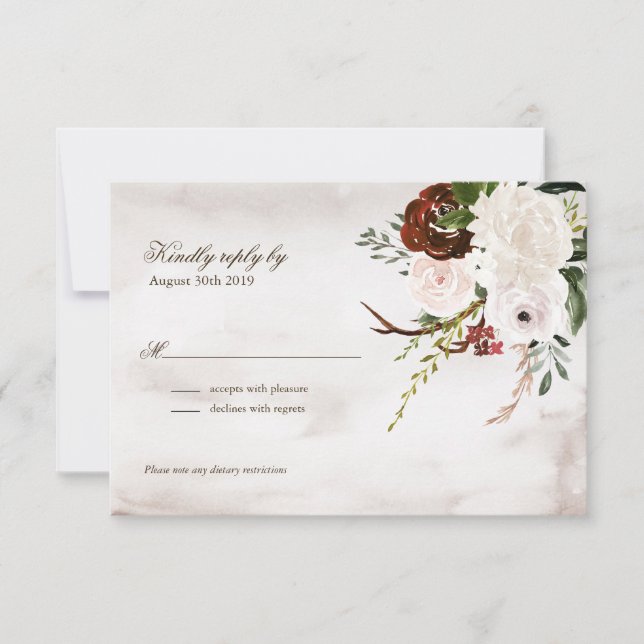Tarjeta De Confirmación De Asistencia Boho Rustic Wood & Floral Burgundy Rose Wedding (Anverso)