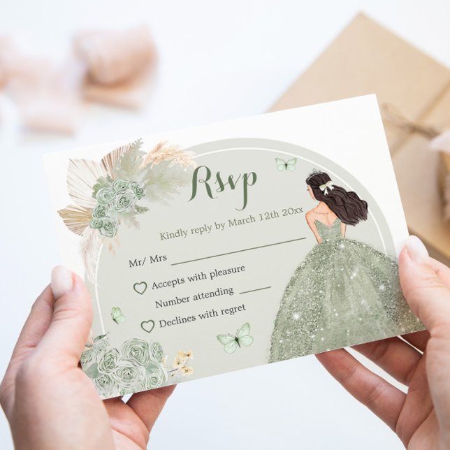 Tarjeta De Confirmación De Asistencia Boho Sage Green Floral Princesa Quinceañera (Subido por el creador)