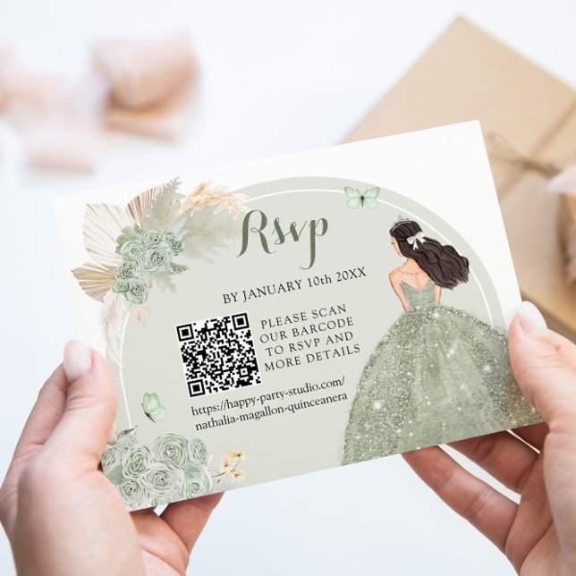 Tarjeta De Confirmación De Asistencia Boho Sage Green Floral Quinceañera QR (Subido por el creador)