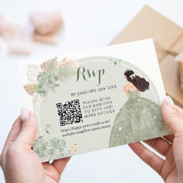 Tarjeta De Confirmación De Asistencia Boho Sage Green Floral Quinceañera QR