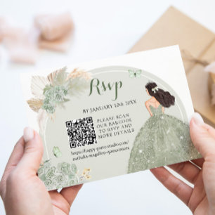 Tarjeta De Confirmación De Asistencia Boho Sage Green Floral Quinceañera QR