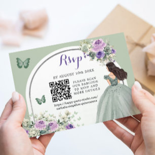 Tarjeta De Confirmación De Asistencia Boho Sage Green Lilac Princess Chica 15 Años QR