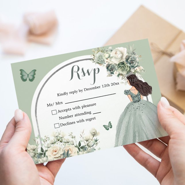 Tarjeta De Confirmación De Asistencia Boho Sage Green Roses Blancos Princesa XV Años Rep (Subido por el creador)