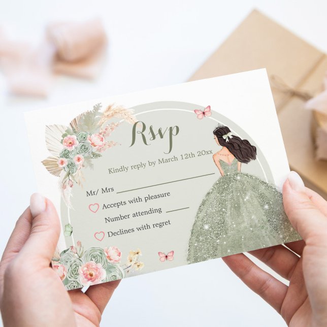 Tarjeta De Confirmación De Asistencia Boho Sage Green Rubor Pink Quinceañera (Subido por el creador)