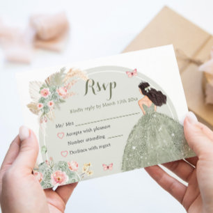 Tarjeta De Confirmación De Asistencia Boho Sage Green Rubor Pink Quinceañera
