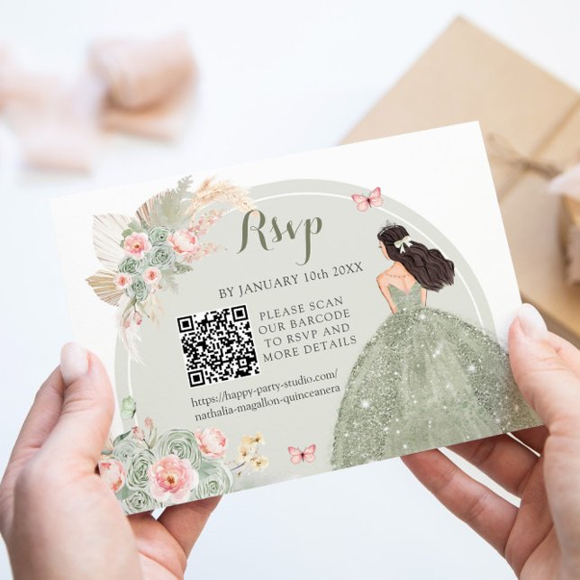 Tarjeta De Confirmación De Asistencia Boho Sage Green Rubor Pink Royal Quinceañera QR (Subido por el creador)
