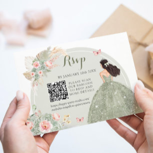 Tarjeta De Confirmación De Asistencia Boho Sage Green Rubor Pink Royal Quinceañera QR