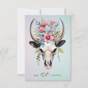 Tarjeta De Confirmación De Asistencia Boho Spring Watercolor Floral Cow Skull Boda