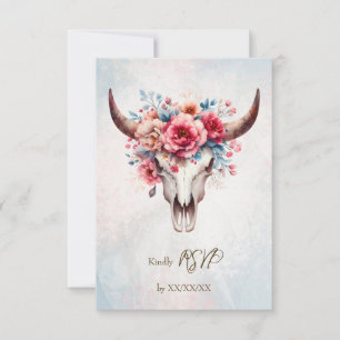 Tarjeta De Confirmación De Asistencia Boho Spring Watercolor Floral Cow Skull Boda