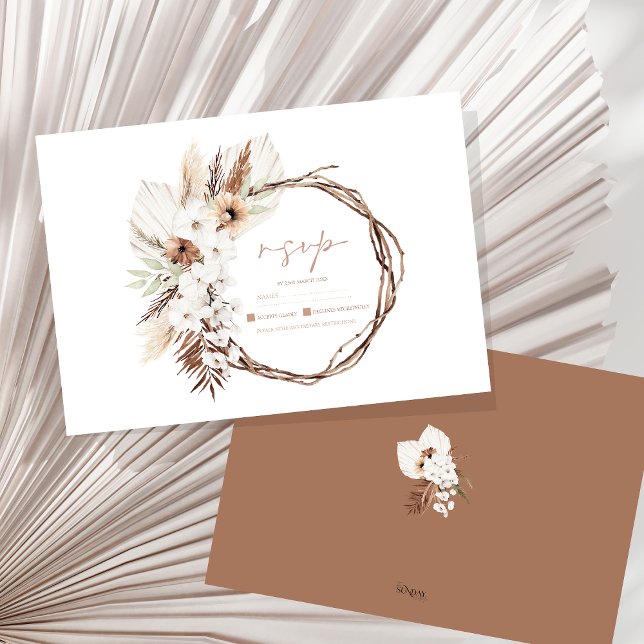 Tarjeta De Confirmación De Asistencia Boho Terracotta Brown Dried Floral Wreath Boda (Boho Terracotta Brown Dried Floral Wreath Wedding RSVP Card)
