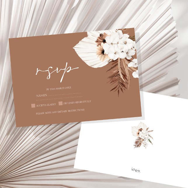 Tarjeta De Confirmación De Asistencia Boho Terracotta Brown Pampas Grass Floral Boda (Boho Terracotta Brown Pampas Grass Floral Wedding RSVP Card)