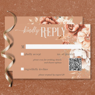 Tarjeta De Confirmación De Asistencia Boho Terracotta Melocotón y Floral Crema Código QR