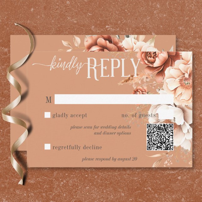 Tarjeta De Confirmación De Asistencia Boho Terracotta Melocotón y Floral Crema Código QR (Boho Terracotta Peach & Cream Floral QR Code RSVP Card)