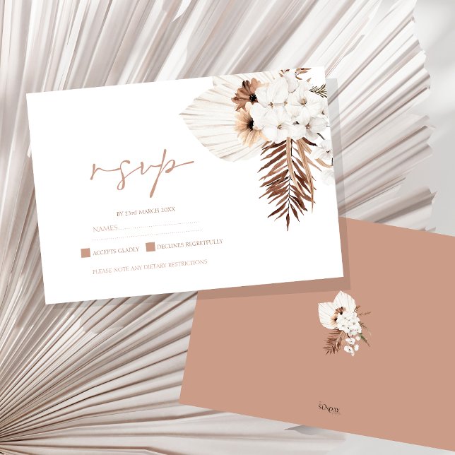 Tarjeta De Confirmación De Asistencia Boho Terracotta Pampas Boda de orquídeas de hierba (Boho Terracotta Brown Pampas Grass Floral Wedding RSVP Card)
