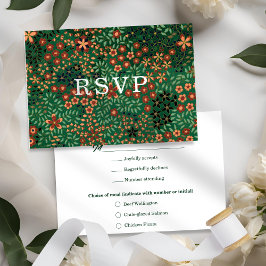 Tarjeta De Confirmación De Asistencia Bold Dark Green Red Floral Textile Wedding Meal