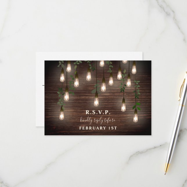 Tarjeta De Confirmación De Asistencia Bombillas de época Boda botánico de madera rústica (Anverso/Reverso In Situ)