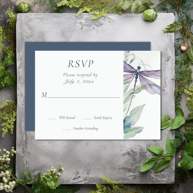 Tarjeta De Confirmación De Asistencia Bonito Boda de la libélula acuarela y la vegetació (Pretty Watercolor Dragonfly and Greenery Wedding RSVP Card)