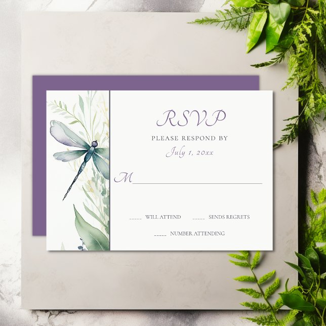 Tarjeta De Confirmación De Asistencia Bonito Boda de la libélula acuarela y la vegetació (Pretty Watercolor Dragonfly and Greenery Wedding RSVP Card)