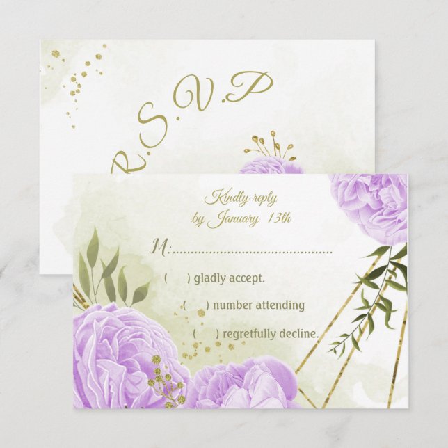 Tarjeta De Confirmación De Asistencia bonito flores púrpuras hojas verdes botánicas (Anverso / Reverso)