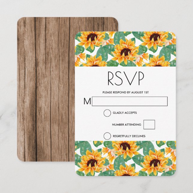 Tarjeta De Confirmación De Asistencia Bonito Patrón girasol Boda amarillo y verde (Anverso / Reverso)
