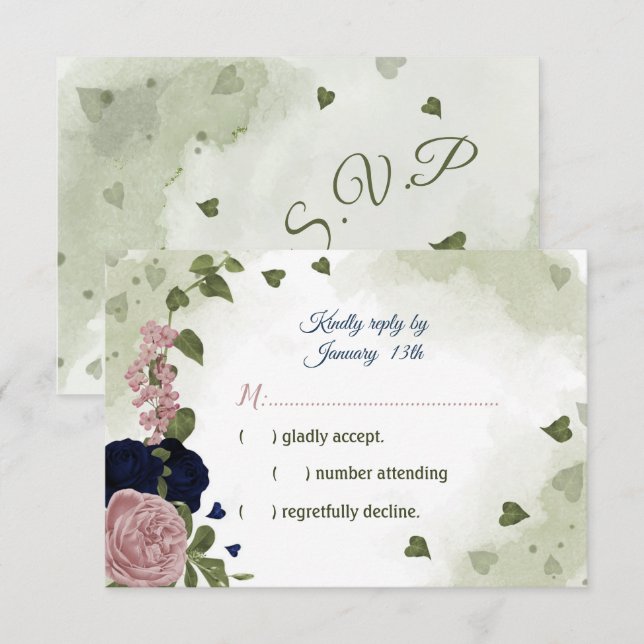 Tarjeta De Confirmación De Asistencia bonito rosa y azul marino (Anverso / Reverso)