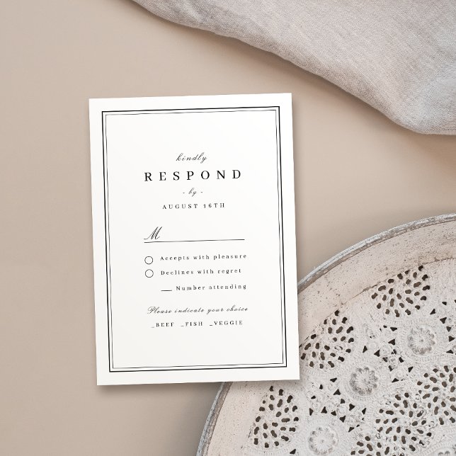 Tarjeta De Confirmación De Asistencia Borde elegante boda minimalista blanco y negro (Elegant borders black and white minimalist wedding RSVP card)
