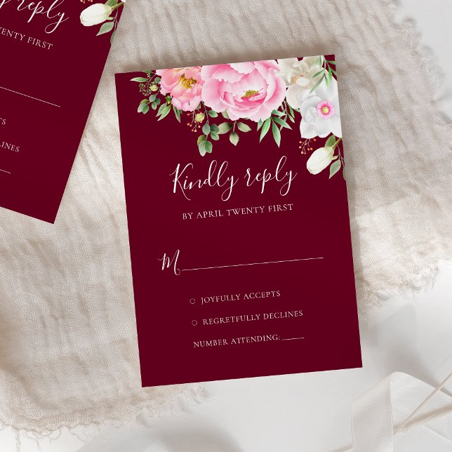 Tarjeta De Confirmación De Asistencia Borgoña acuarela Floral Peonies Elegante Boda (Subido por el creador)