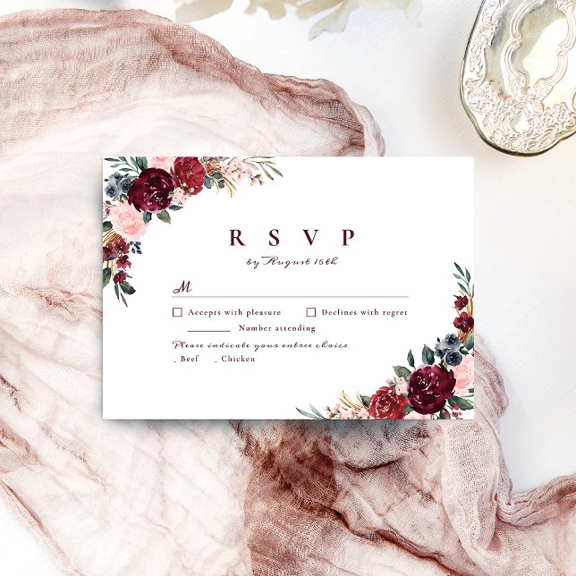 Tarjeta De Confirmación De Asistencia Borgoña acuarela floral rústico boda de boho (Burgundy watercolor floral rustic boho wedding RSVP card)