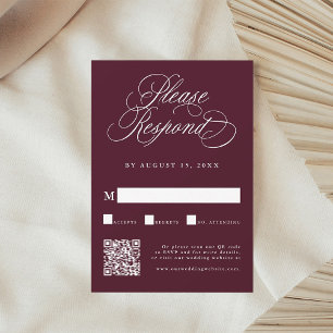 Tarjeta De Confirmación De Asistencia Borgoña Boda de caligrafía romántica Código QR