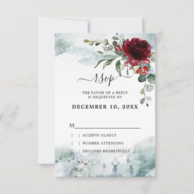 Tarjeta De Confirmación De Asistencia Borgoña Floral Winter boda (Anverso)