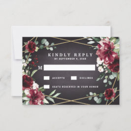 Tarjeta De Confirmación De Asistencia Borgoña Red Negro y Gold Floral Elegante Boda