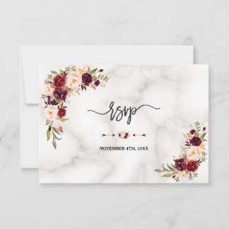 Tarjeta De Confirmación De Asistencia Borgoña rosa Marsala Boda de Mármol de oro floral