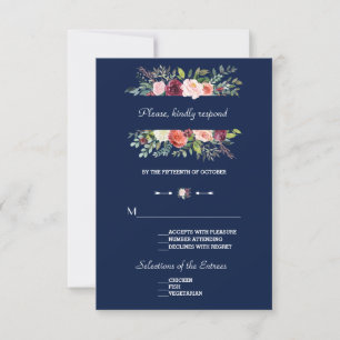 Tarjeta De Confirmación De Asistencia Borgoña Rubor Floral Frame Dark Blue Boda