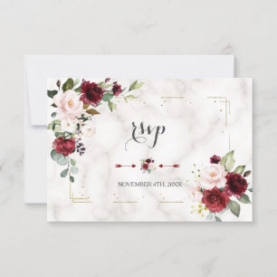 Tarjeta De Confirmación De Asistencia Borgoña Rubor Floral Gold Purpurina Boda de mármol