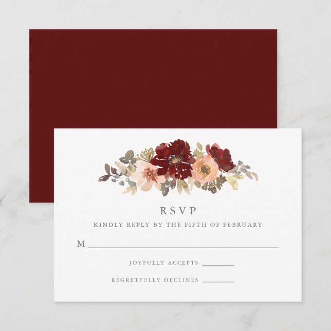 Tarjeta De Confirmación De Asistencia Borgoña y Boda floral de Peach (Anverso / Reverso)