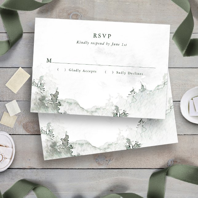 Tarjeta De Confirmación De Asistencia Bosque acuático (Green and White Simple Minimalist Watercolor Forest RSVP Card
)