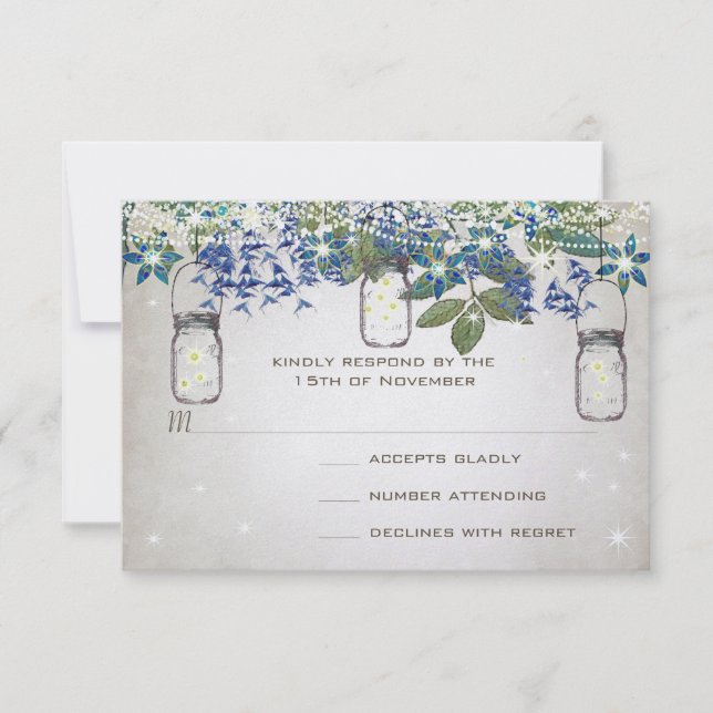 Tarjeta De Confirmación De Asistencia Bosque encantado Mason Jar Blue Silver Greeneratio (Anverso)