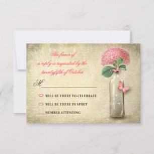 Tarjeta De Confirmación De Asistencia botella de vino del vintage y flores rosadas que