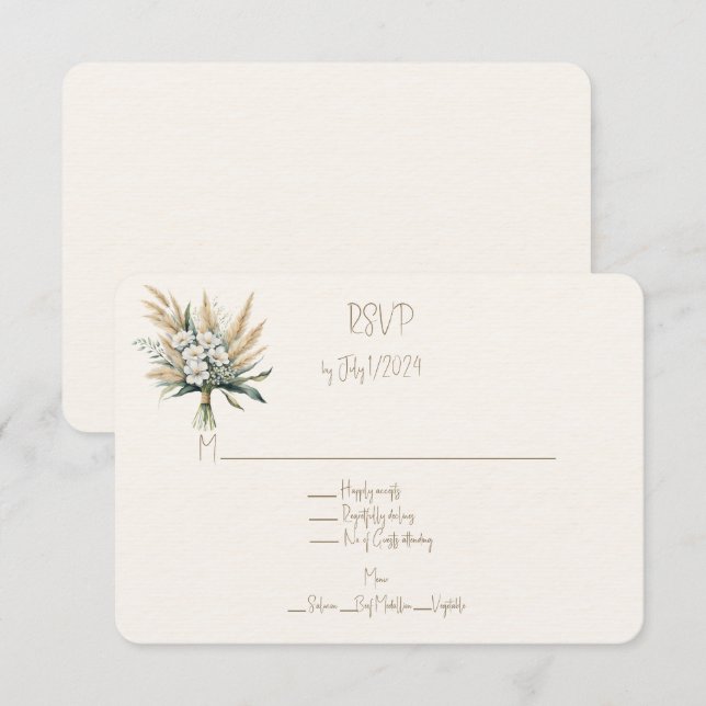 Tarjeta De Confirmación De Asistencia Bouquet Boda Floral Blanca y Pampas (Anverso / Reverso)