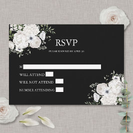 Tarjeta De Confirmación De Asistencia Bouquet floral elegante blanco y negro moderno