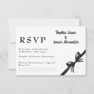 Tarjeta De Confirmación De Asistencia Bow negro y blanco   Boda elegante   Monocromo